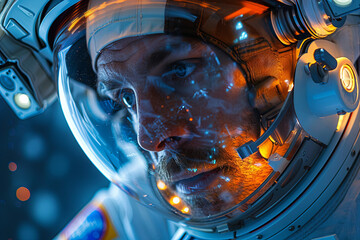 Astronaut man in a space suit with a helmet on his head. The helmet is illuminated with a bright...