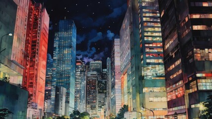 美しい夜のビル群の水彩画_2
