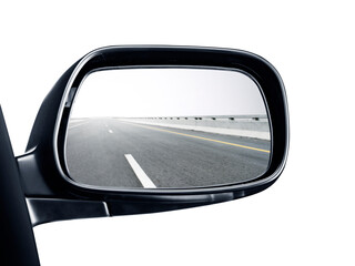A rear view mirror with a picture of the road in it - obrazy, fototapety, plakaty