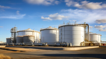 View of large Tank farm storage at chemical petroleum refinery product