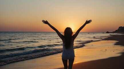 Fototapeta premium Backlit Portrait of calm happy smiling free woman with open arms