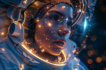 Astronaut woman in a space suit and helmet in outer space - Powered by Adobe