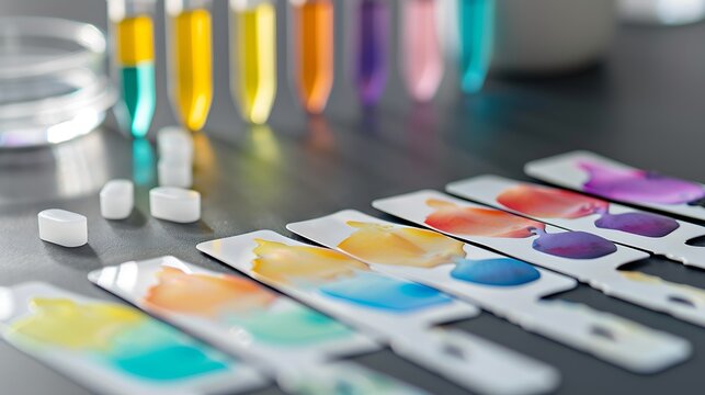 Realistic mockup of pH indicator strips showing a range of colors testing the acidity or alkalinity of solutions