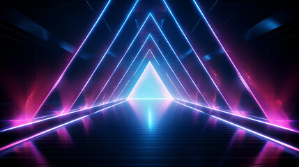 Fototapeta na wymiar Neon light abstract background. Triangle tunnel or corridor violet neon glowing lights. Laser lines and LED technology create glow in dark room. Cyber club neon light stage room