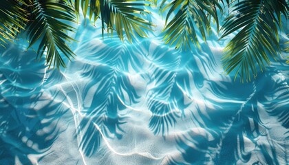 Fototapeta na wymiar Water surface with Tropical leaf shadow. Shadow of palm leaves on blue water. Beautiful abstract background concept banner for summer vacation at the beach. background for design