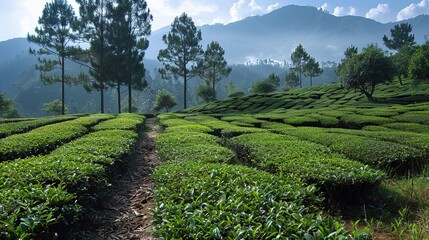 Fototapeta na wymiar The view of the tea plantation is breathtaking.