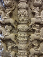 Intricate designs and patterns are depicted in stone carvings. at Indian Museum Kolkata 