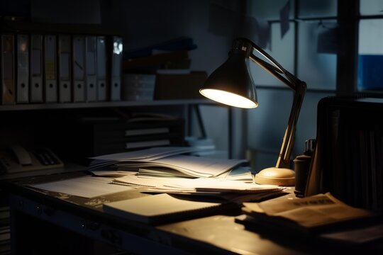 dark office with a single desk lamp on highlighting paperwork