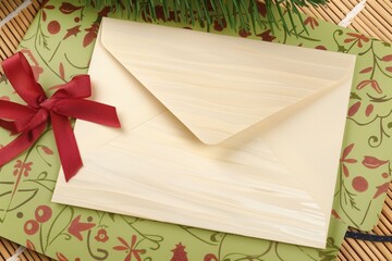 envelope with a ribbon on a holidaythemed mat - obrazy, fototapety, plakaty
