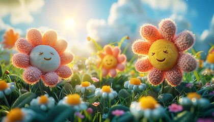 3d Animation cartoon happy spring flowers smiling. Animated background colorful spring flowers. Colorful summer garden with sunlight shining. - obrazy, fototapety, plakaty