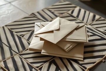 five envelopes in a stack on a geometric doormat