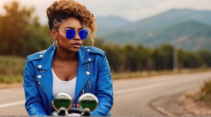 Atrractive beautiful black woman riding motorcycle