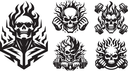 flaming skulls in fire shape silhouette, intense and fiery, vector illustration silhouette laser cutting black and white shape