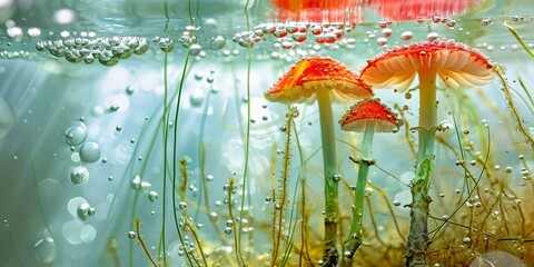 Fly agaric mushrooms underwater. Ethereal, dreamy, uncanny, divine fungi.  