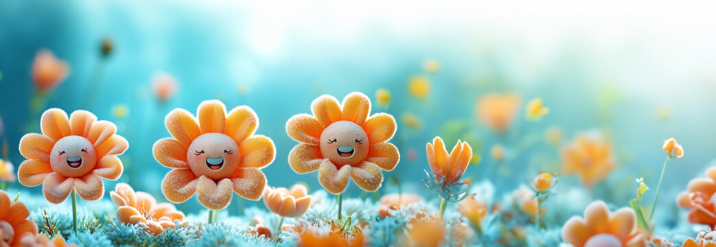 Fototapeta 3d Animation cartoon happy spring flowers smiling. Animated background colorful spring flowers. Colorful summer garden with sunlight shining.