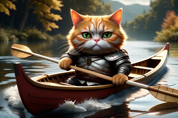 fat red cat in a T-shirt with oars in a boat, playing sports - obrazy, fototapety, plakaty