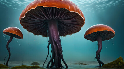 surreal alien mushrooms underwater - obrazy, fototapety, plakaty