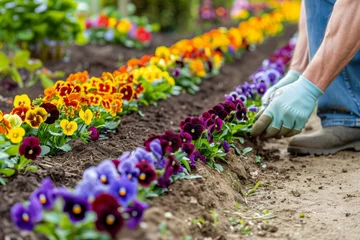 Fotobehang gardener laying a colorful border of pansies along a path © Alfazet Chronicles