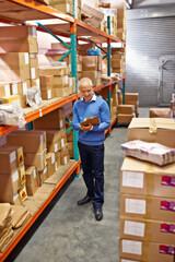 Manager, man and writing in warehouse with inventory for quality control and freight distribution...