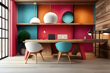  Office room.  interior, room, home, office, furniture, table, desk, chair, design, shelf, book, wood, Ai generated 