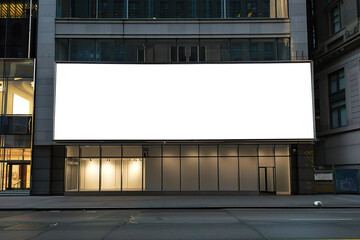 Large horizontal blank advertising poster billboard banner mockup in front of building in urban city; digital light box display screen for OOH media. 12 sheet out-of-home.