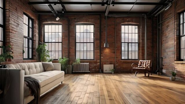 Sunlit loft style studio with brick walls and chic decor