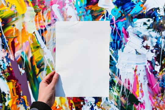 hand holding a blank paper, in front of a colorful abstract painting
