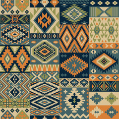 Native American tribal fabric patchwork wallpaper abstract vector seamless pattern  for scarf kerchief shirt fabric tablecloth pillow carpet rug - 768598396