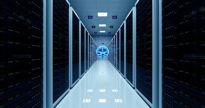 AI Network and data servers behind of glass panels. Computer racks all around. Technology Related 3D Illustration Render.