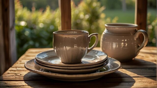 Handcrafted ceramic dinnerware on a wooden farmhouse table
