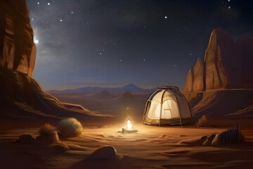 Fototapeta na wymiar ufo in the night. sky, landscape, sunset, tent, night, desert, mountain, nature,Ai generated 
