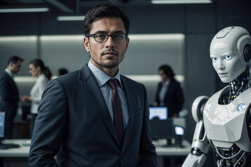 Modern office scene with a businessman and humanoid robot, illustrating the synergy between man and artificial intelligence.