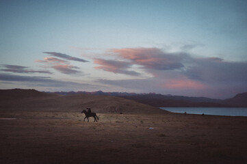 Scenic landscape in Kyrgyzstan featuring traditional yurts nestled amidst majestic mountains, with horses grazing peacefully. Authentic nomadic lifestyle captured in stunning imagery. Ideal for stock 