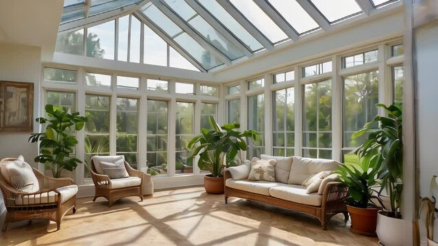 Sunlit spacious sunroom with lush indoor plants and comfy seating
