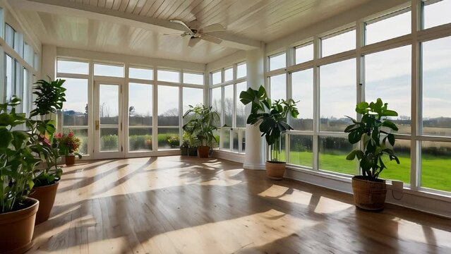 Spacious sunroom with large windows and green plants