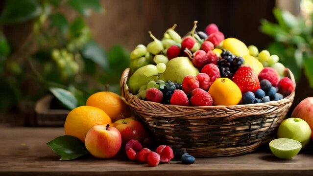 Colorful fruit basket on a wooden table
