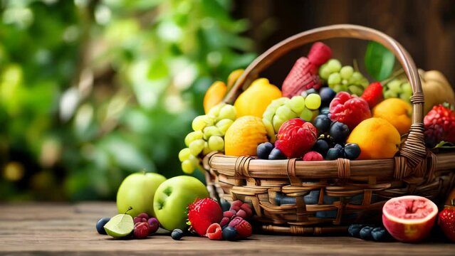 Assorted fruit display in a wicker basket