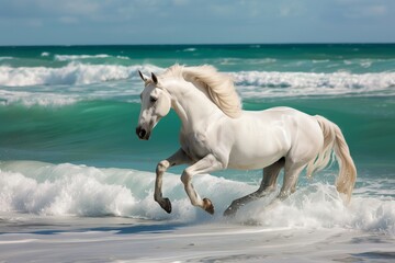 Obraz na płótnie Canvas white horse galloping beside turquoise waves