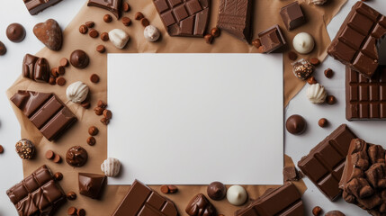 top view of chocolate candies and white card with copy space