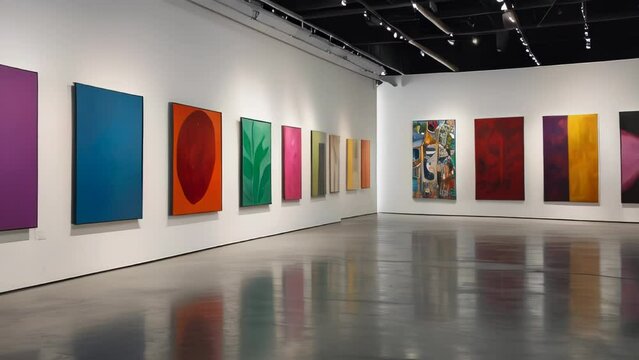Spacious art gallery with colorful paintings