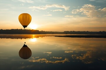 lone balloon floating over a calm lake with the sunrise reflecting - obrazy, fototapety, plakaty