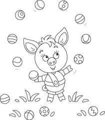 Funny cartoony little piglet merrily juggling with small balls on a summer lawn, black and white outline vector cartoon illustration for a coloring book