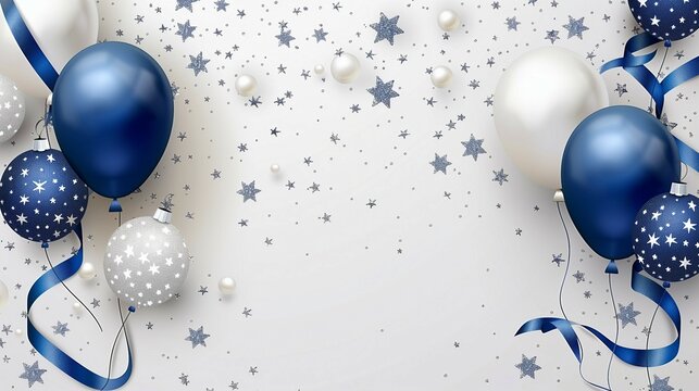 White background with blue and silver balloons,ribbons,snowflakes,stars, celebration,festivel.