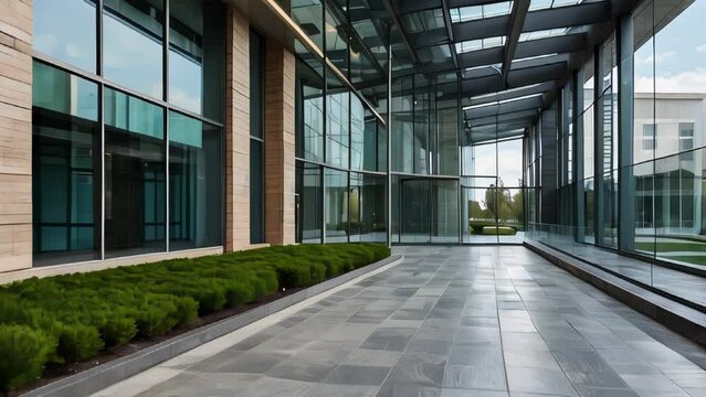 Modern corporate building hallway with glass walls