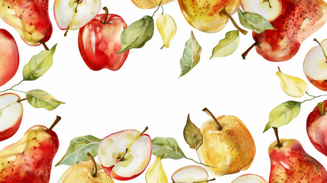 Watercolor painted fruits border with copy space. 