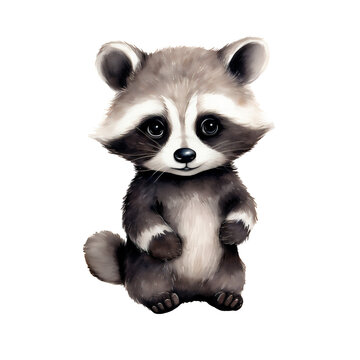Watercolor hand-painted illustration of a baby raccoon. Isolated on a transparent background