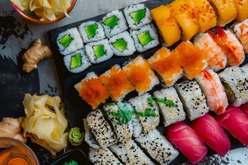 top view of a colorful sushi platter with wasabi and ginger