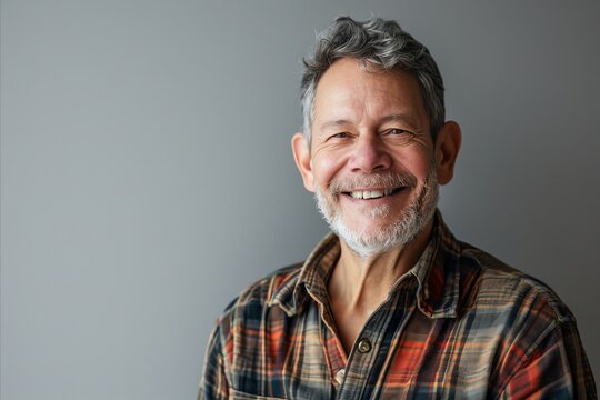 Portrait of a happy senior man smiling at the camera against grey background