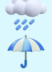 Concept of rain in children style. Rain falls from cloud onto open umbrella