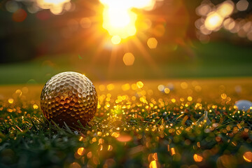 The golden golf ball lies on the lawn at sunset - the ultimate victory of golf - obrazy, fototapety, plakaty